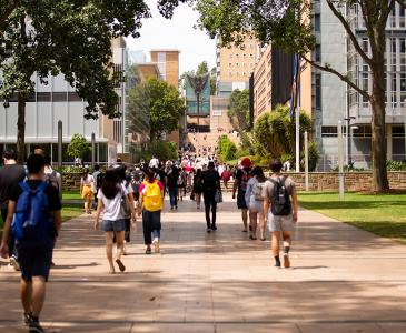 People walking on main university walkway