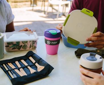 Close up of reusable cutlery and cups on a table
