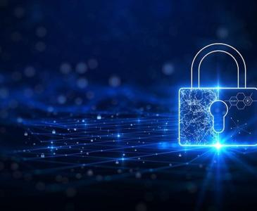 Graphic showing a digital padlock on a blue background