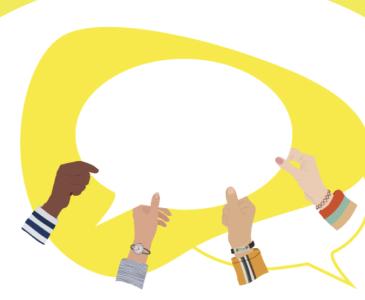 Illustration showing a white speech bubble being held by four hands against a yellow background
