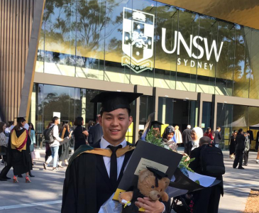 Kieren Chan in front of Clancy Auditorium