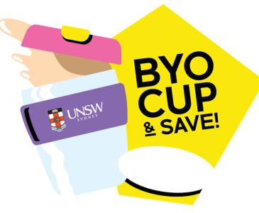 graphic of keep cup with "BYO cup and save" text