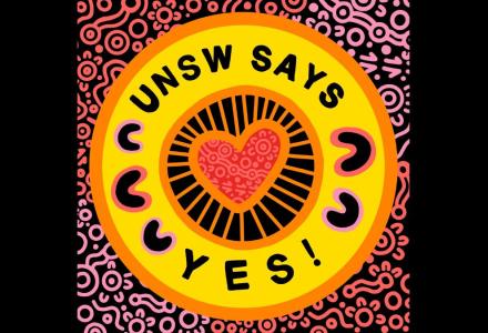 A brightly coloured illustration of a heart within circles saying UNSW SAYS YES!