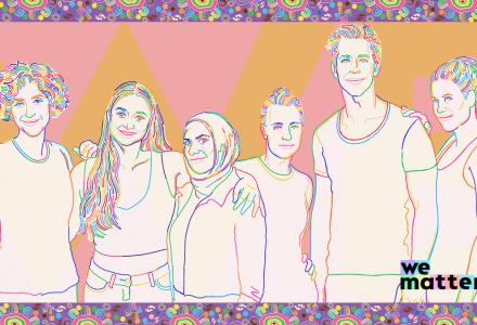 An illustration of six diverse people standing arm in arm