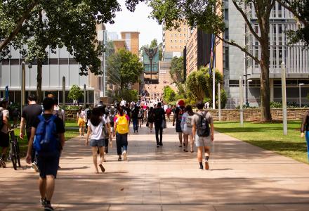 People walking on main university walkway