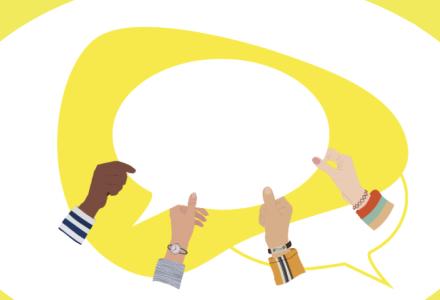 Illustration showing a white speech bubble being held by four hands against a yellow background