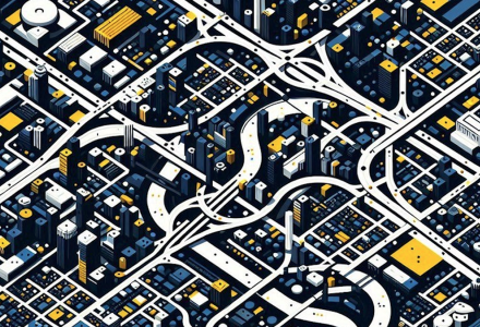 An abstract map of a city in black, blue and yellow