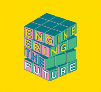 Pink and green cube reading Engineering your future against a yellow background