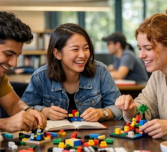 Three adults sitting at a table playing with LEGO blocks.