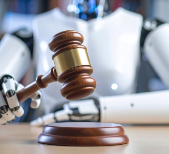 A robot sitting in a judges seat in court.