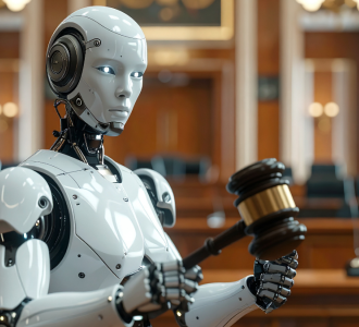 A robot judge in a courtroom.
