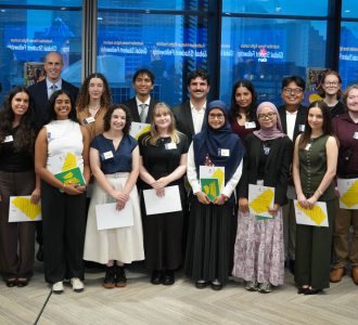 Chancellor Warwick Negus, Deputy Vice-Chancellor (Education & Student Experience) Professor Sarah Maddison, Professor Justine Nolan, Director of the Australian Human Rights Institute, and Professor Andrew Lynch, Dean of Law & Justice, celebrate with Global Student Fellowship recipients.