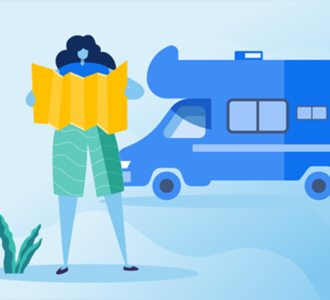 UniSuper graphic of woman with map and camper van