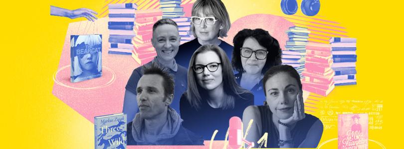 Speakers in the Novel Thinking podcast series against a yellow background