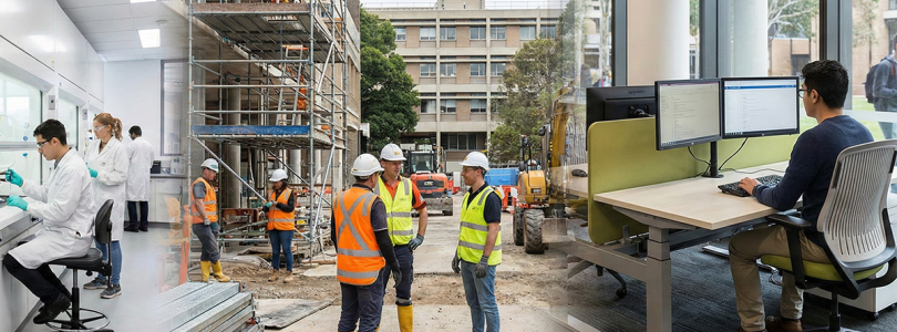 Triptych showing three different work environments - a lab, a building site and an office
