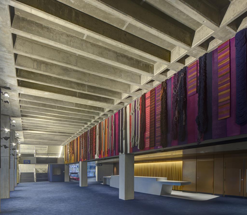 Clancy Auditorium feat. Mona Hessing 'Banner' artwork - Photo credit: Brett Boardman/Lahz Nimmo Architects